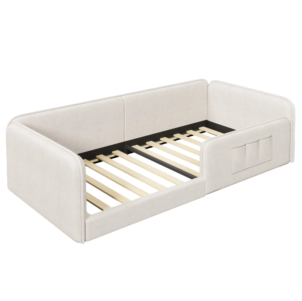 Letto a piattaforma 90x200 cm con tasche portaoggetti e struttura imbottita in lino beige