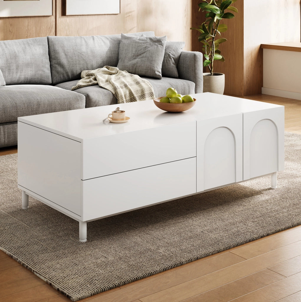 Tavolino da caffè rettangolare 100x50 cm con 2 cassetti e 2 ante bianco HAVRYA