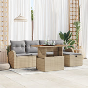 Set Divano da Giardino 6 Pezzi con Cuscini Beige in Rattan Polimerico