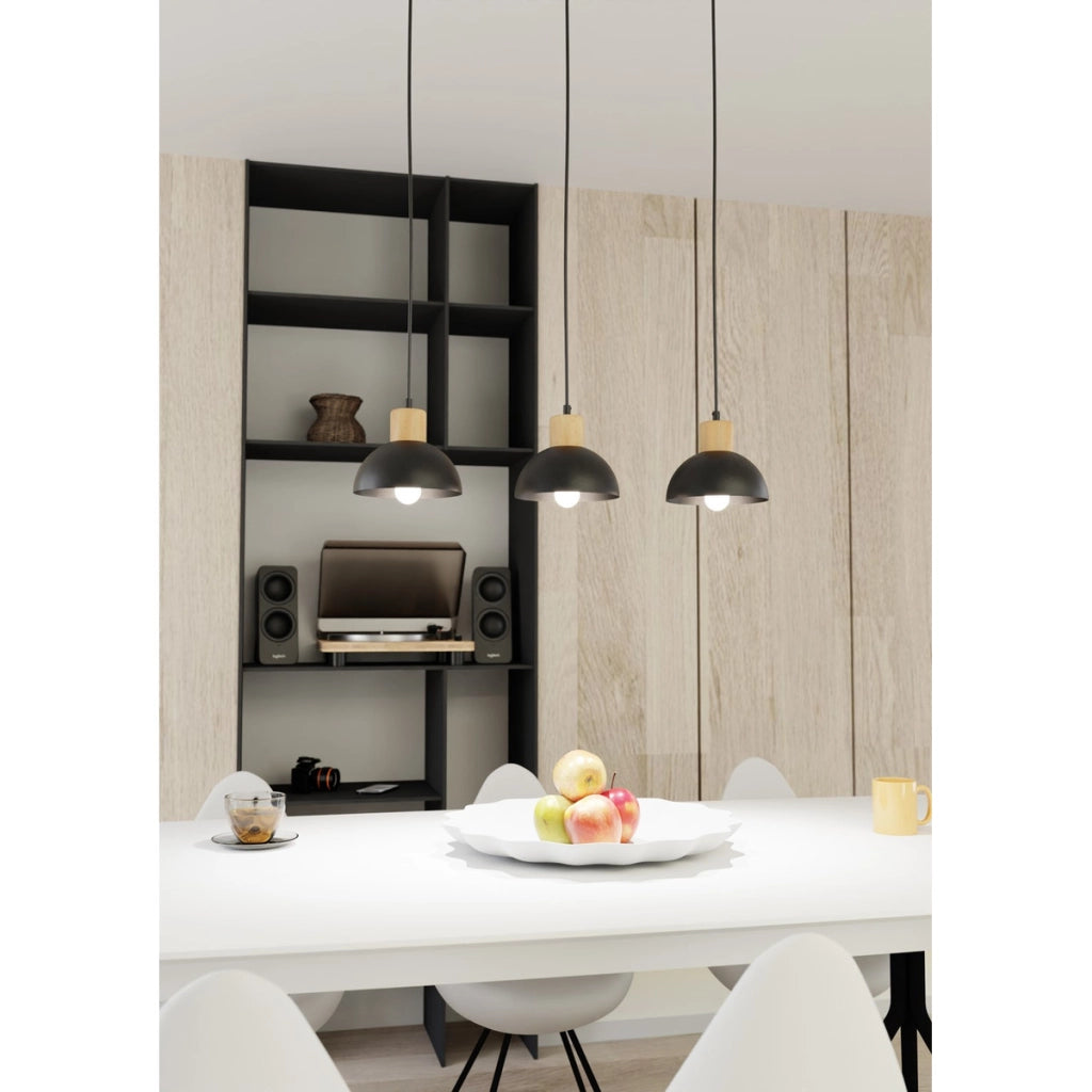 Lampada a sospensione Seco in acciaio nero e legno naturale