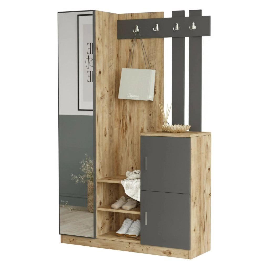 Mobile da ingresso Arco, Entratina appendiabiti, Composizione per atrio, Consolle portaoggetti multifunzione, 114x38h180 cm, Quercia e Antracite