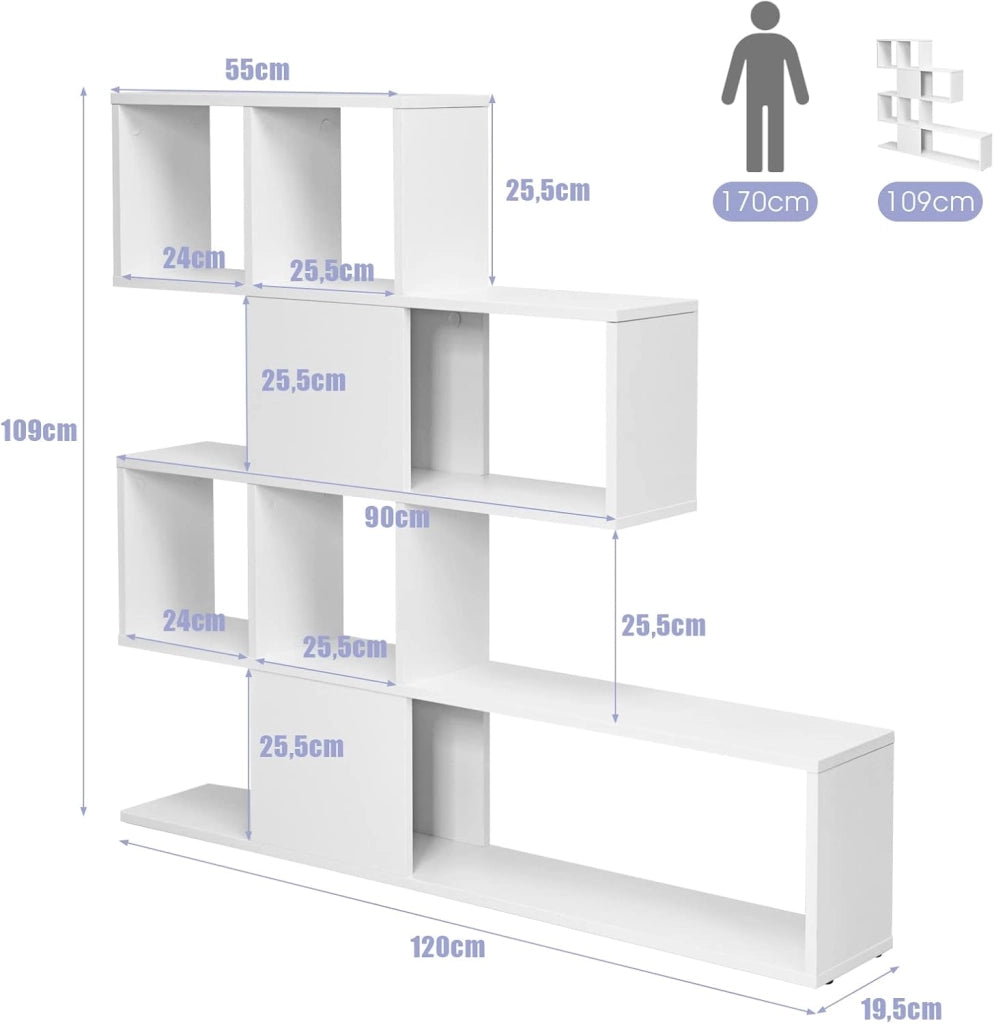 Libreria in Legno, 5 Livelli con Ante, Scaffale Multifunzionale a Forma di Scala, Ideale per Soggiorno Studio Ufficio, 120x19,5x109cm (Bianco)