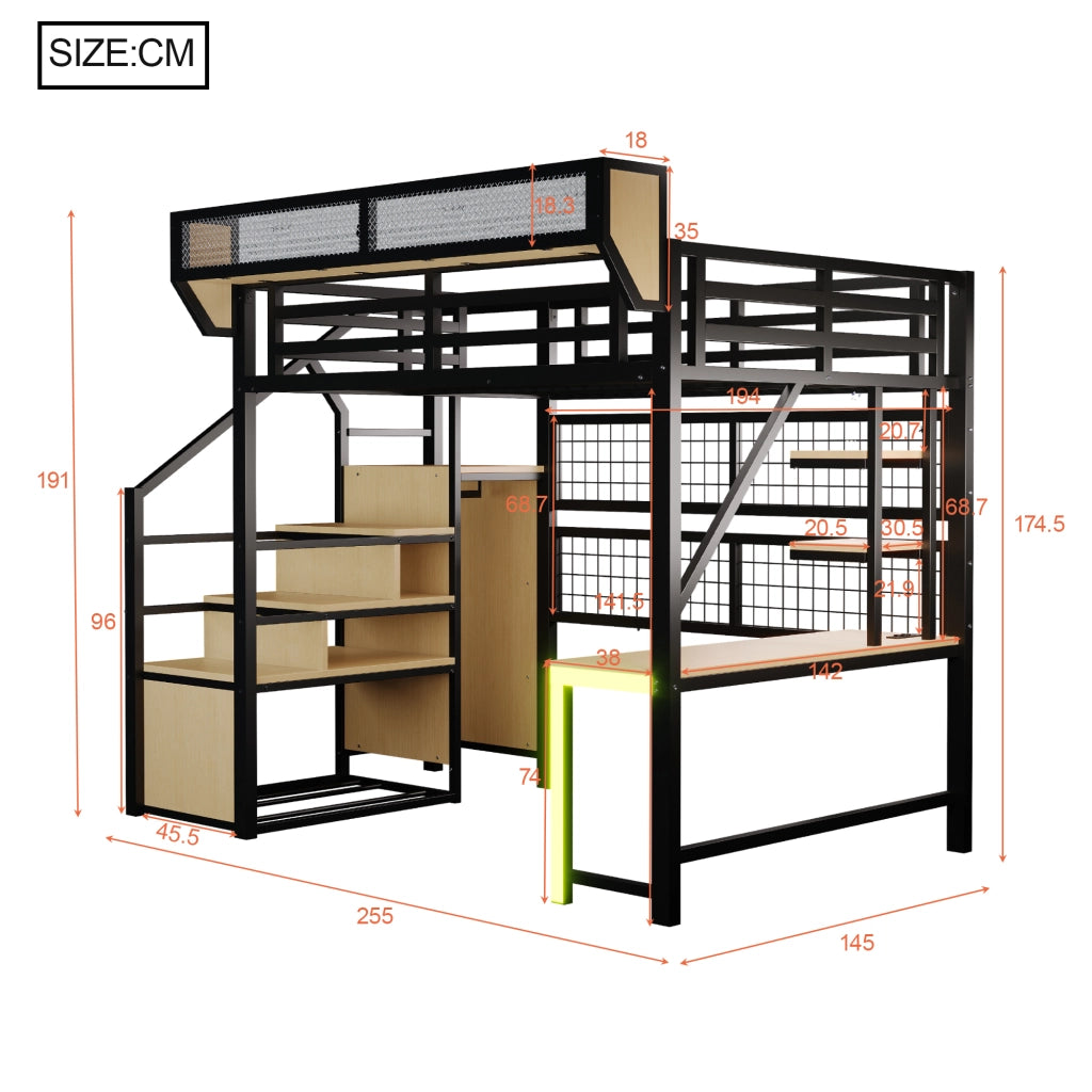 Letto a soppalco 140 × 200 cm con scrivania, ripiani, led e prese, senza materasso, metallo, nero
