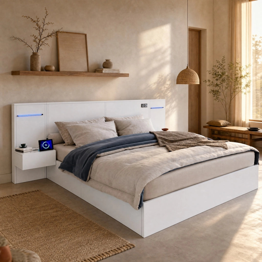 Letto matrimoniale 160x200 cm in MDF con Bluetooth, USB-A/USB-C, orologio elettronico e luci RGB