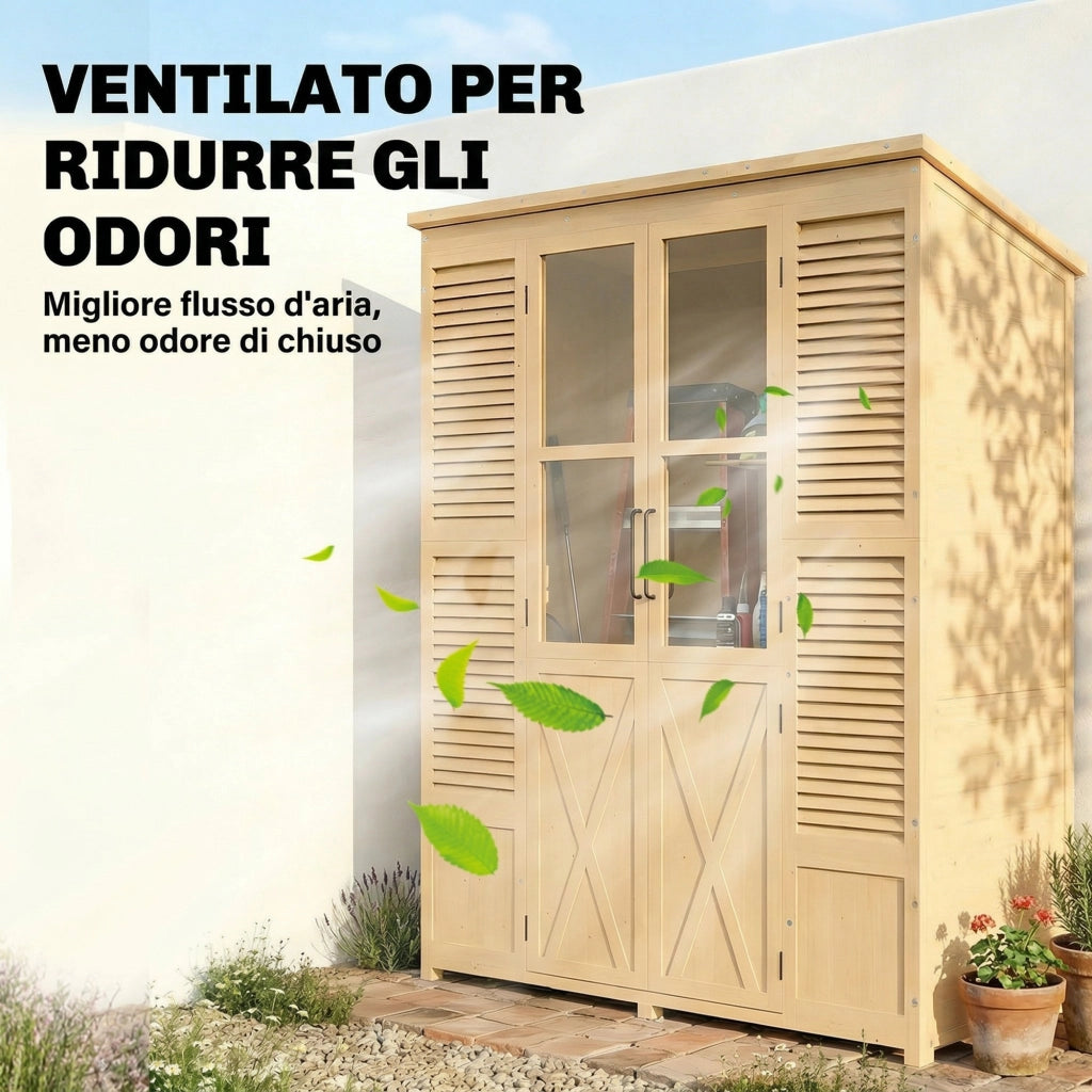 Armadio da Giardino Walk-in 147x68x198 cm con Pavimento e 4 Finestre in Legno di Abete