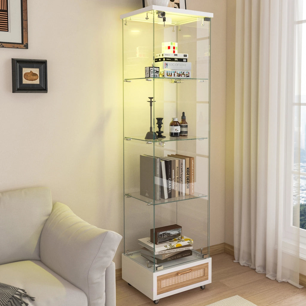 Libreria Vetrina con Cassetti e LED ¨C MINIMAL ¨C Bianco, Vetro Temperato, 1 Anta, 4 Ripiani, 42.5x36.5x167 cm