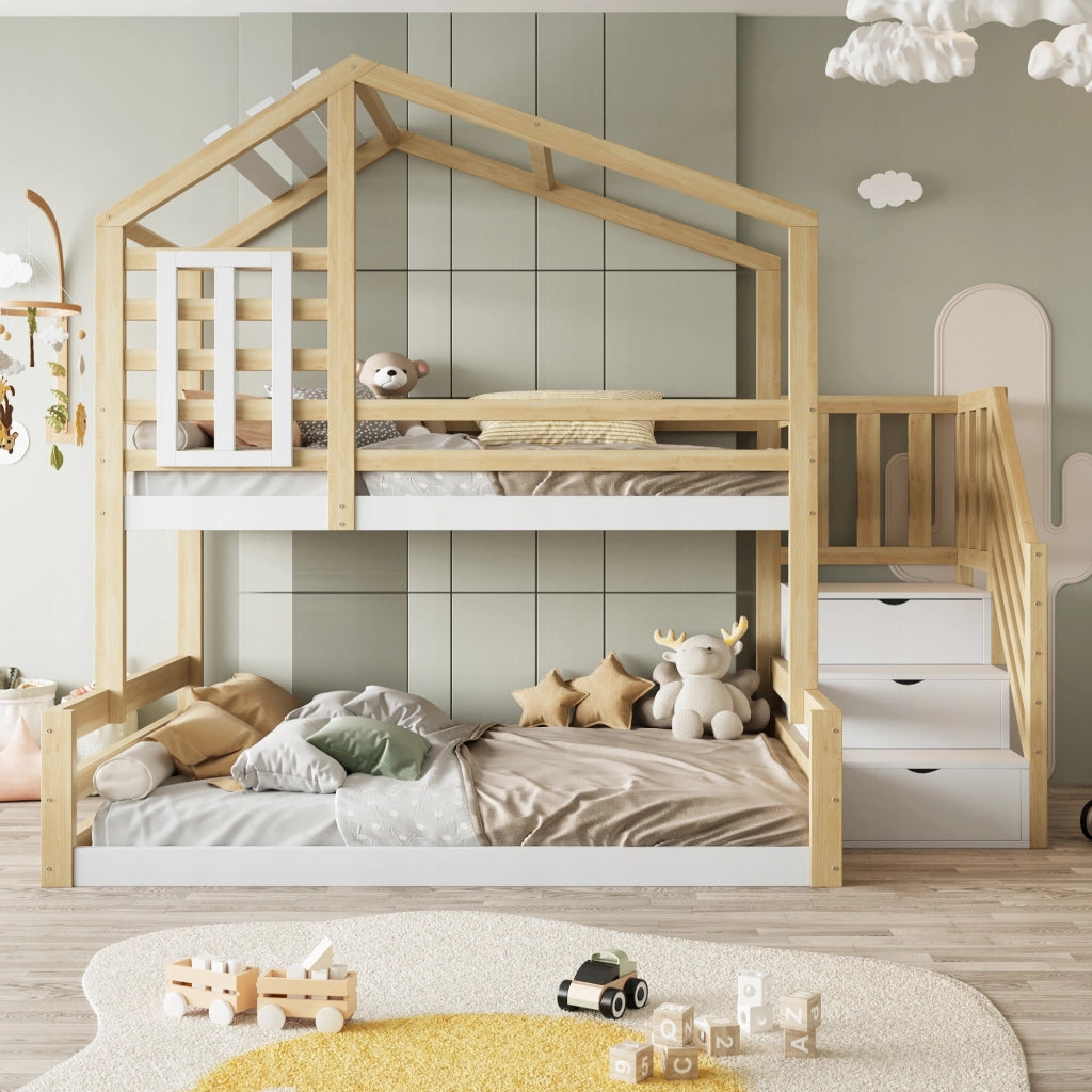 Letto a castello in pino 90x200 - Xylo - Con finestra e ripostigli