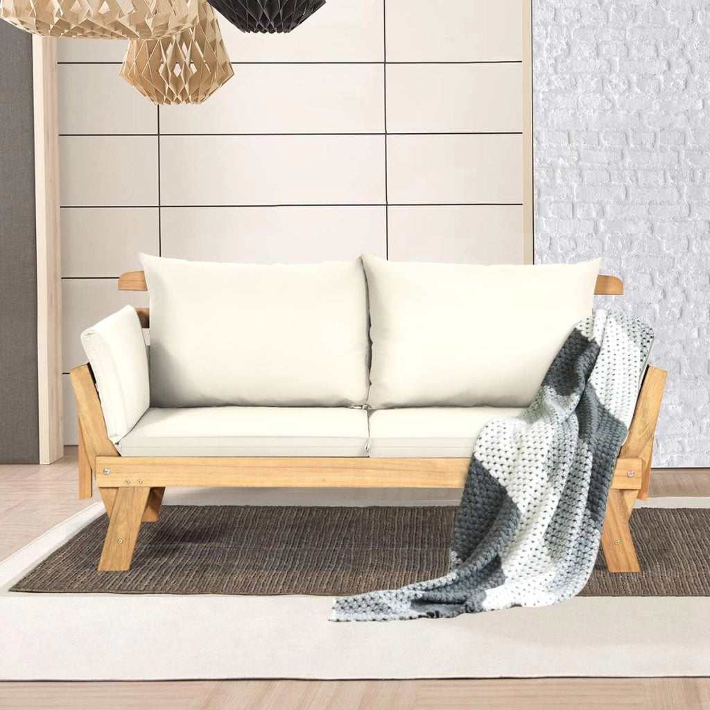 Divano Esterno da Giardino 2 Posti con Cuscino，Set da Giardino in Legno Certificato FSC，Sdraio da Giardino Pieghevole da 2 Persone,153/194 x 72 x 76 cm，Beige/Grigio