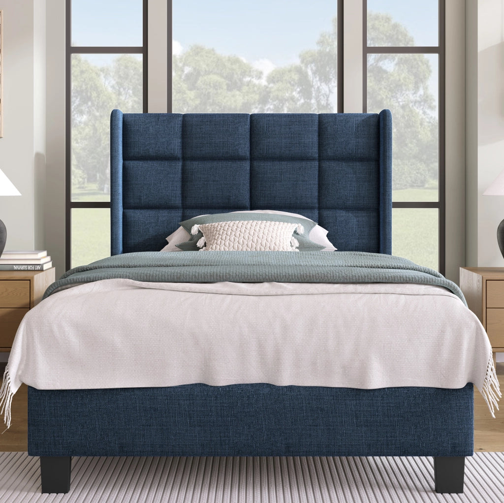 Letto singolo imbottito 90x200 cm in lino blu con rete a doghe e testiera per riposo confortevole