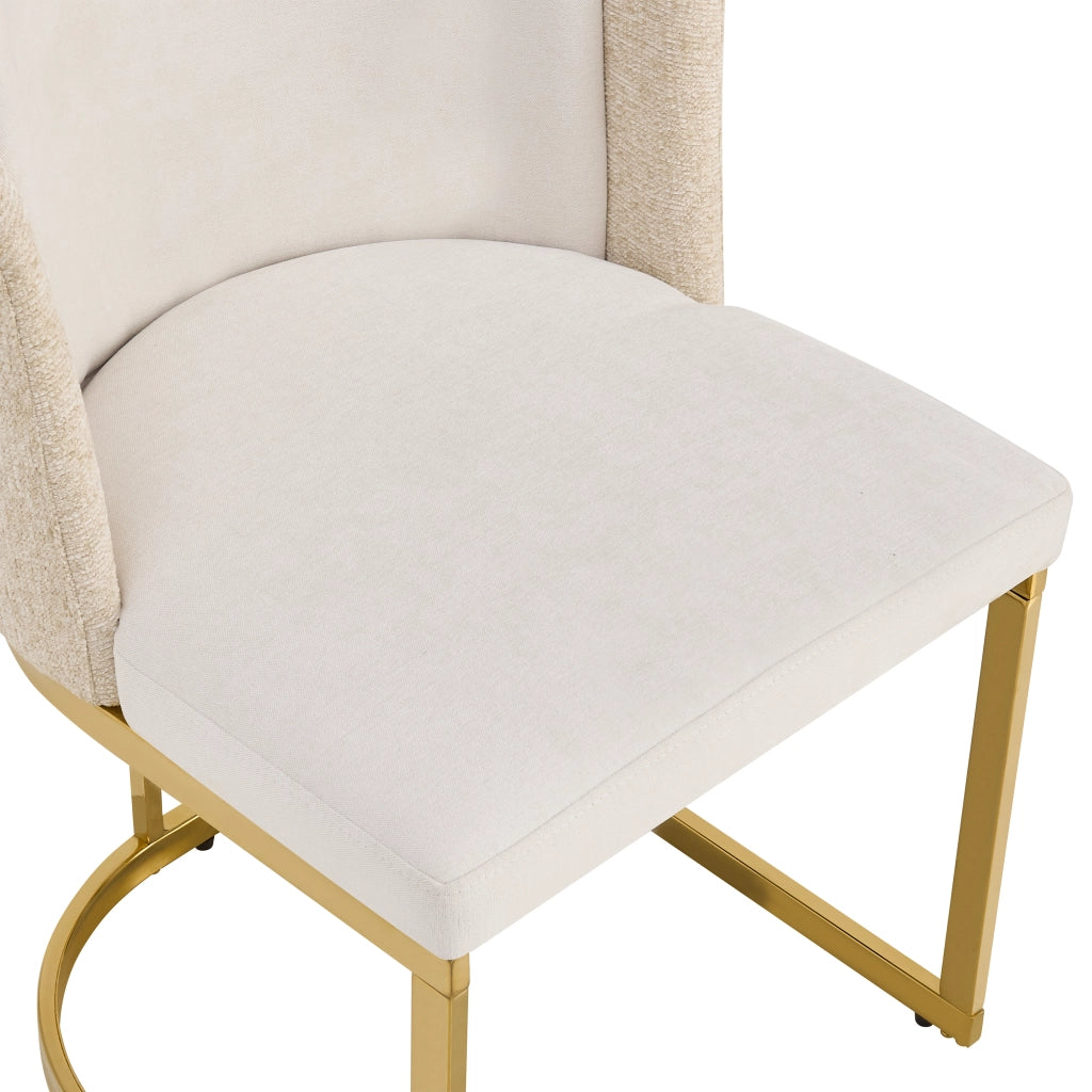 Set di 2 sedie da pranzo in Chenille beige con gambe in metallo dorato, schienale doppio, design moderno