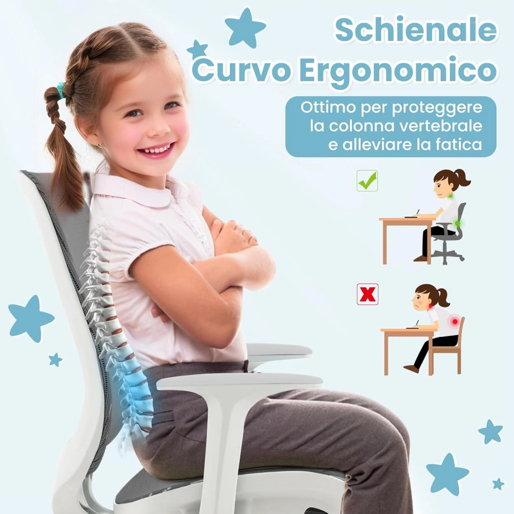 Sedia da Scrivania per Bambini, Sedia Girevole per Computer con Altezza Regolabile, Ruote con Freno, Braccioli Morbidi, Mobile Ergonomica per Bambini 6-15 Anni (Grigio, Rullo di Pressione)