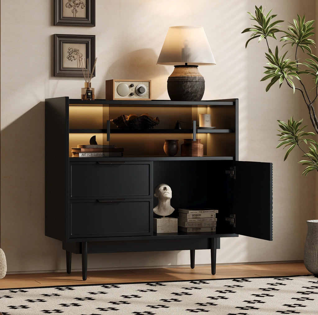 Mobile contenitore in MDF nero con ante scorrevoli in vetro e barra LED regolabile