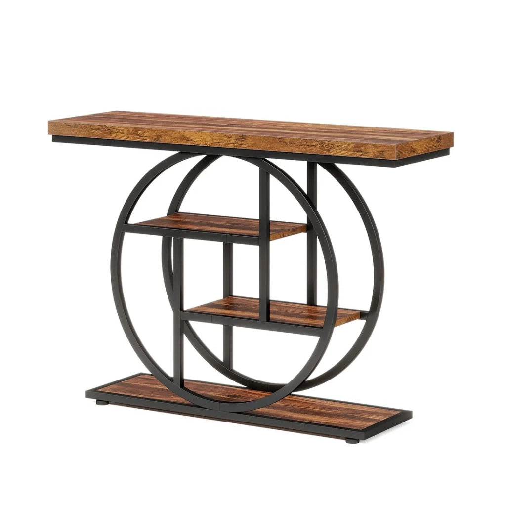 Tavolo consolle a 4 livelli in metallo e legno nero e marrone rustico 105x30x80 cm