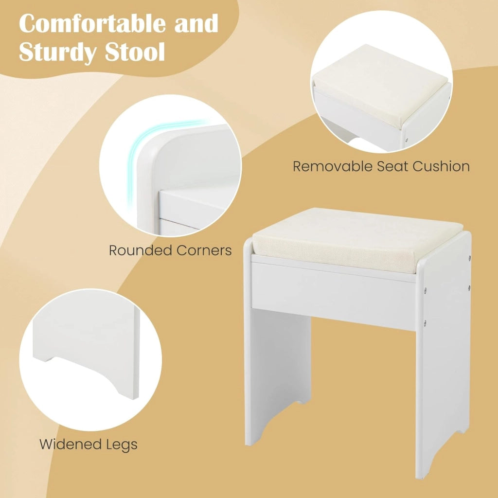 Tavolo da Toeletta con Sgabello con 3 Ganci, Scaffale da Stocaggio per Cosmetici, Set Mobile Camerette con Specchio Apribile, 60x40x180 cm