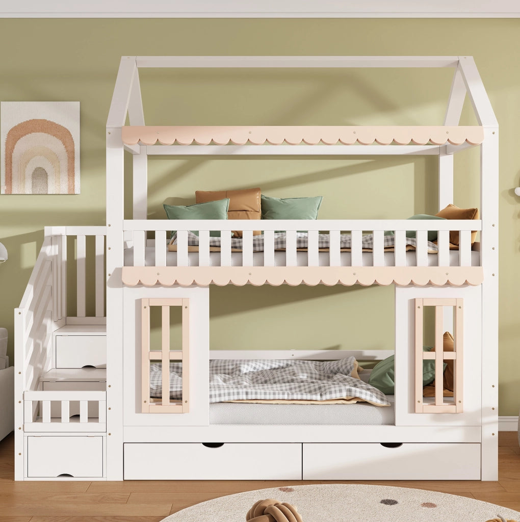 Letto a castello a casetta con scala contenitiva e 2 cassetti 90x200 cm