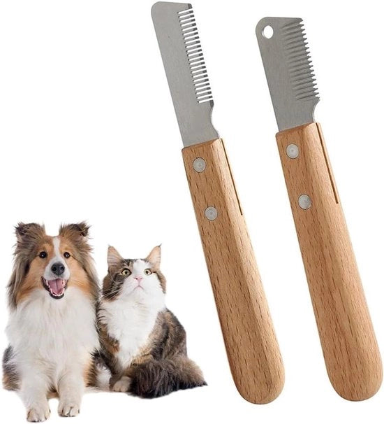 Due set di pettini e trimmer per cani e gatti - pettine per cura del pelo per sottopelo e forbici per pelo - forbici per cani con lame in acciaio inox per pelo lungo e corto