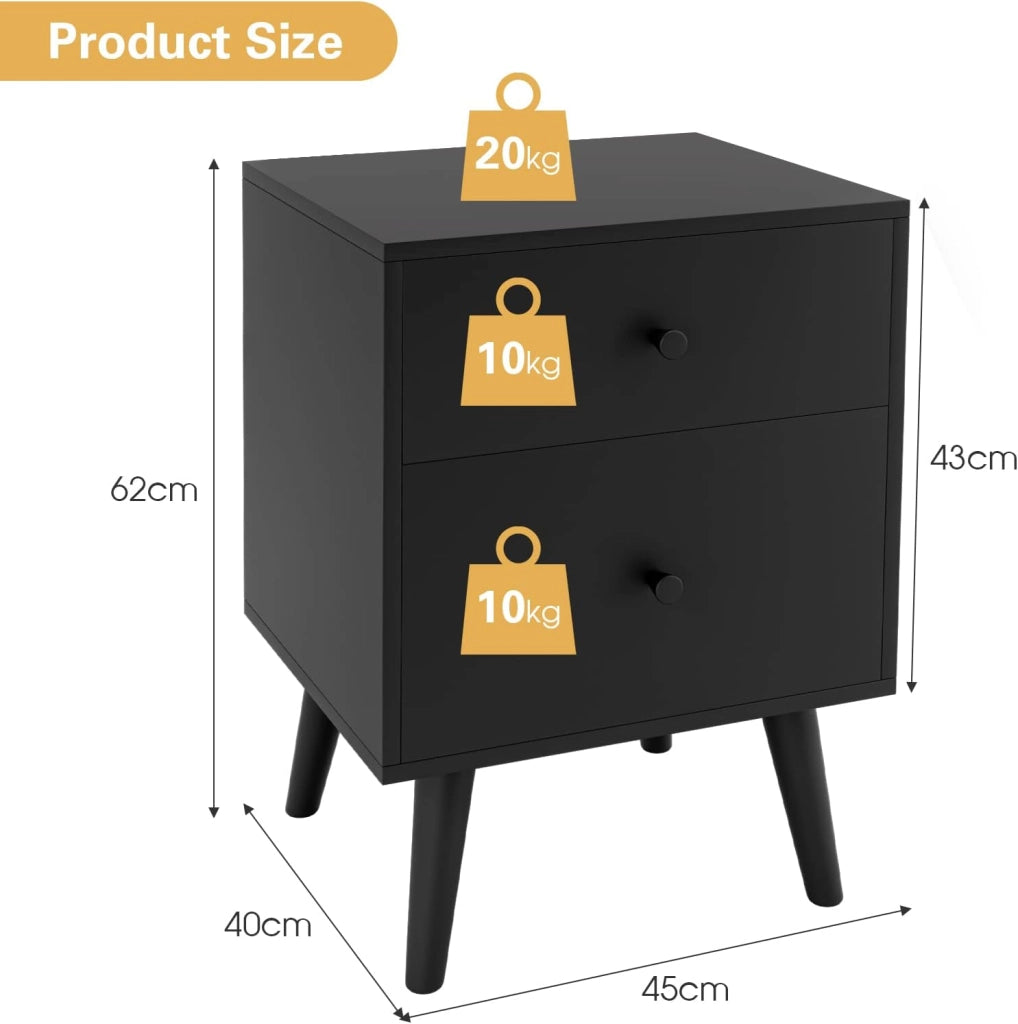 Comodino con 2 cassetti, comodino in legno, 45 x 40 x 62 cm, comodino con gambe in legno mazzo, tavolo da soggiorno e divano per camera da letto (nero)