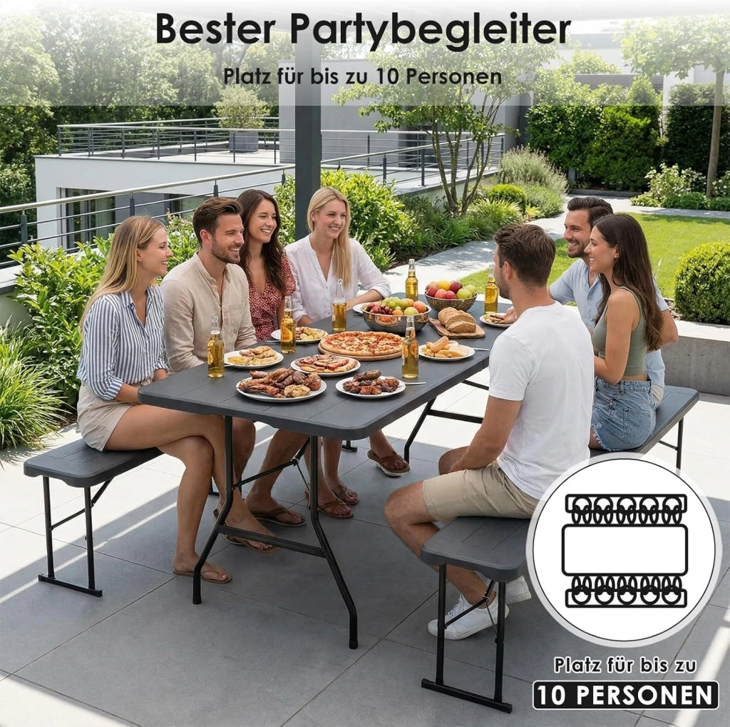 Tavolo da Giardino Pieghevole 180x75 cm,Tavolo da Buffet con Impugnatura di Trasporto,Tavolo Pieghevole in HDPE Plastica per 10 Persone,Ottica in Legno,Tavolo da Campeggio Tavolo Feste