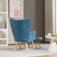 Poltrona con Pouf Poggiapiedi, Poltrona Relax in Velluto, Poltrona con Braccioli, Gambe in Legno, per Soggiorno, Blu