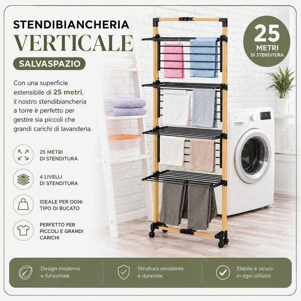 Stendibiancheria a Torre Verticale a 4 Livelli 69x69x175 cm Pieghevole con Ruote Nero e Legno