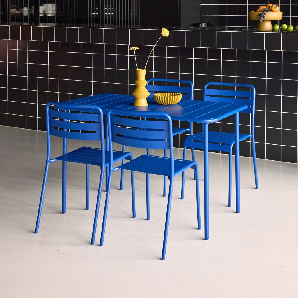 Set tavolo da giardino bistrot in metallo con 4 sedie, 120cm, blu