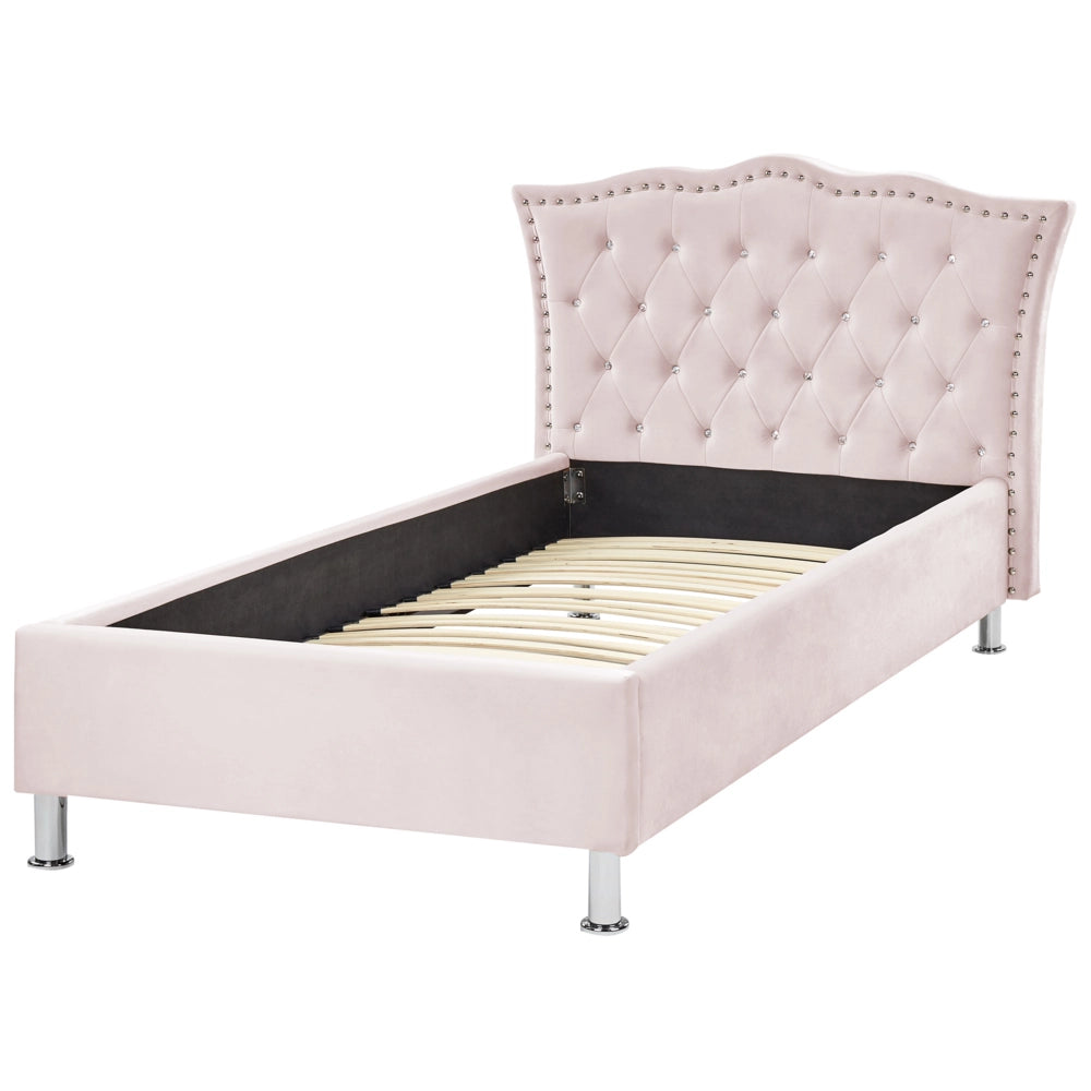 Letto singolo Rosa Pastello Velluto imbottito Telaio con decorazione rete a doghe Bottoni di cristallo Poggiatesta Camera da letto Moderna Glam