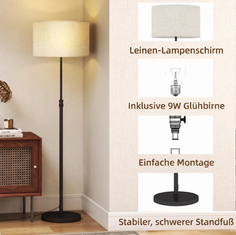 Lampada da terra ULEVR regolabile 133-168 cm con telecomando, dimmer e paralume effetto lino nero