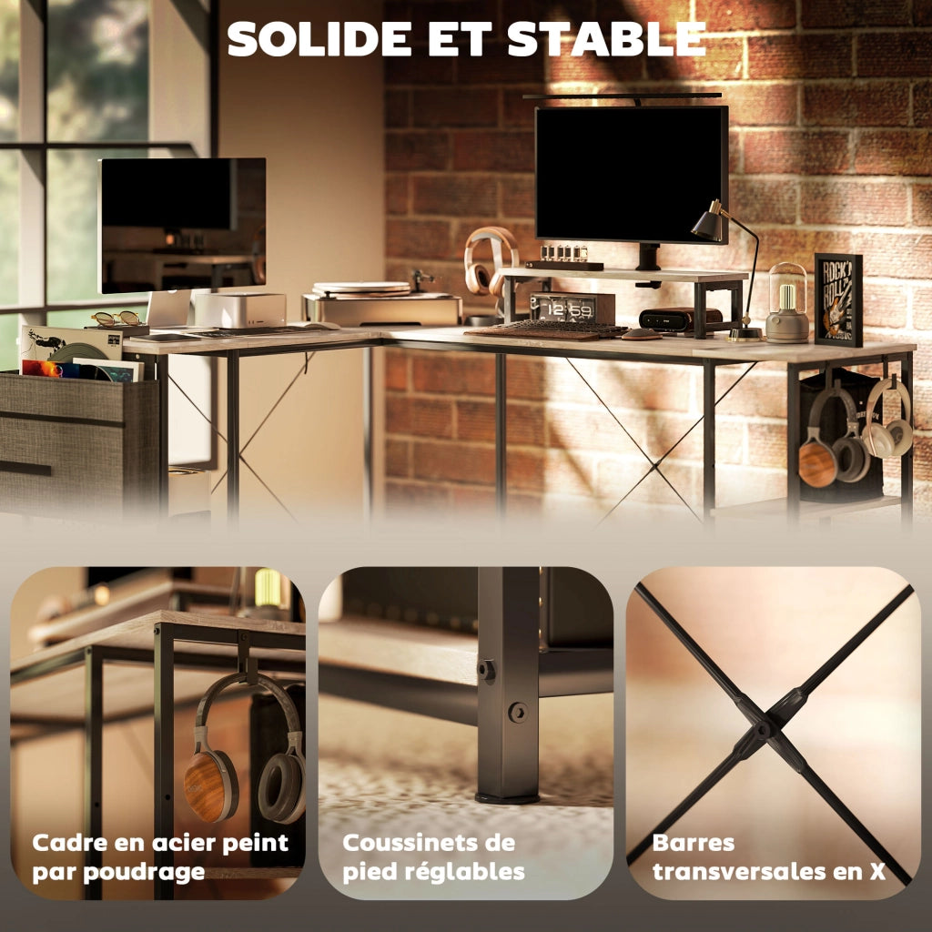 Scrivania Angolare Modulabile 168-240 cm ¨C Xylo ¨C Legno Rovere, Ripiani Regolabili, Supporto Monitor