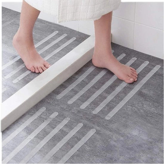 12 Strisce Antiscivolo per scale, docce e vasche da bagno - Protezione Antiscivolo Autoadesiva - 38 cm di lunghezza - 2 cm di larghezza - Translucide, strisce adesive con stencil di posizionamento
