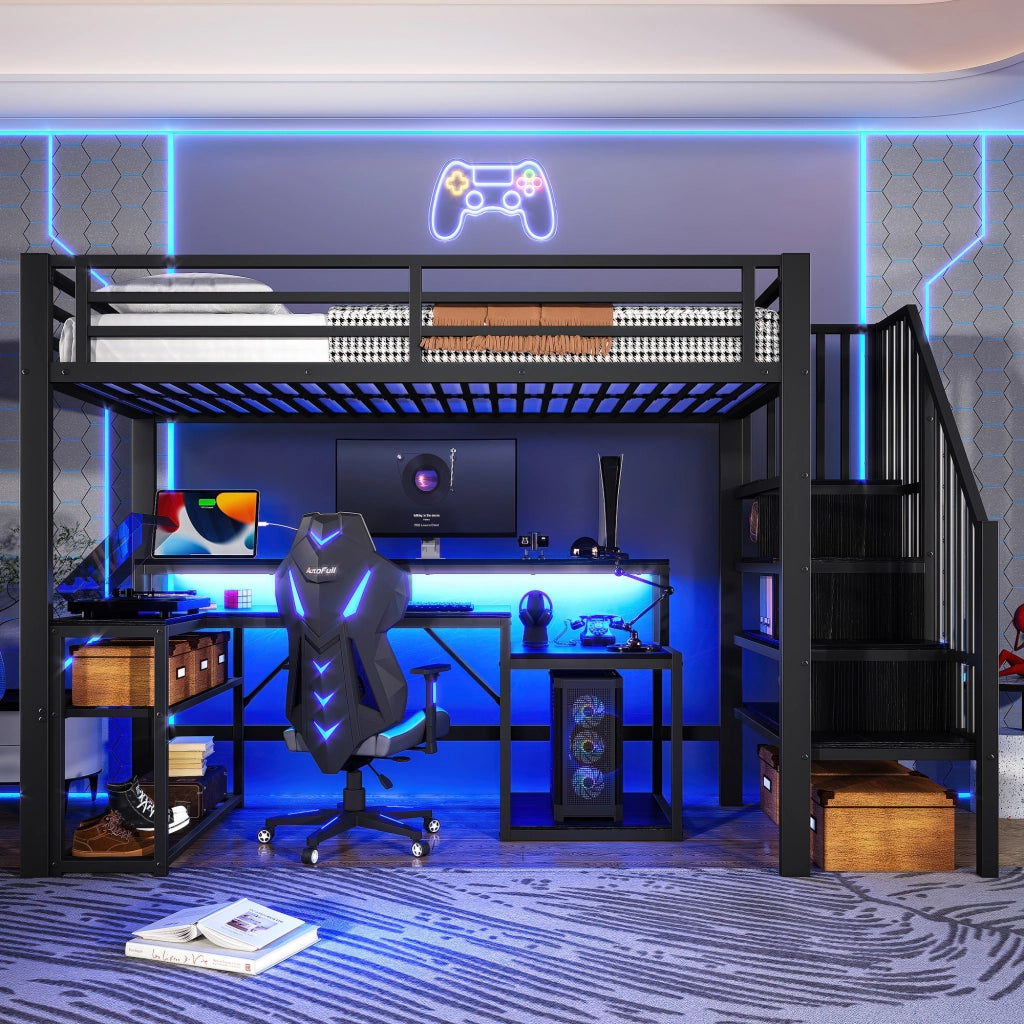 OKWISH Letto a soppalco 90×200 cm, Letto Singolo con Mensole, Scala contenitore, LED Regolabile e USB, senza Materasso, Nero