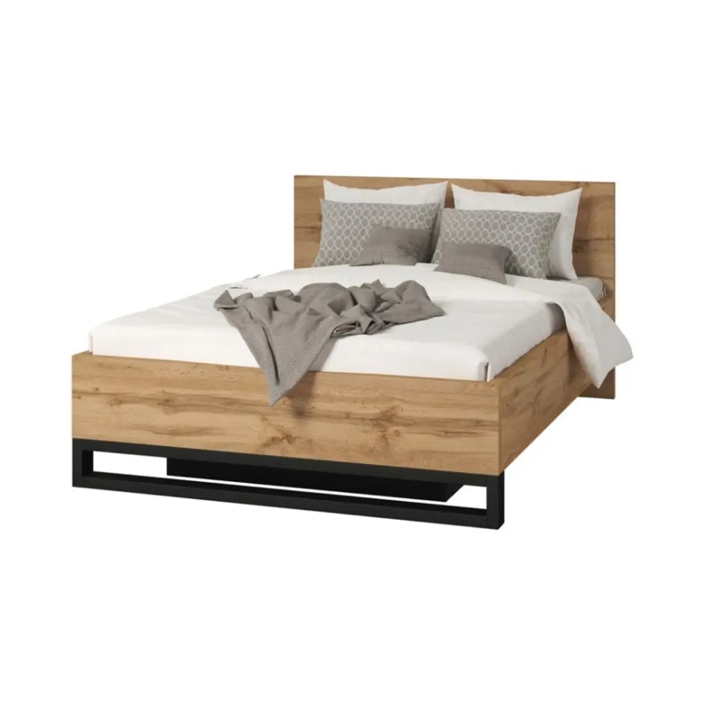 Letto contenitore MILOS 140 x 200 cm con rete a doghe sollevabile – Rovere grezzo e nero – Stile industriale