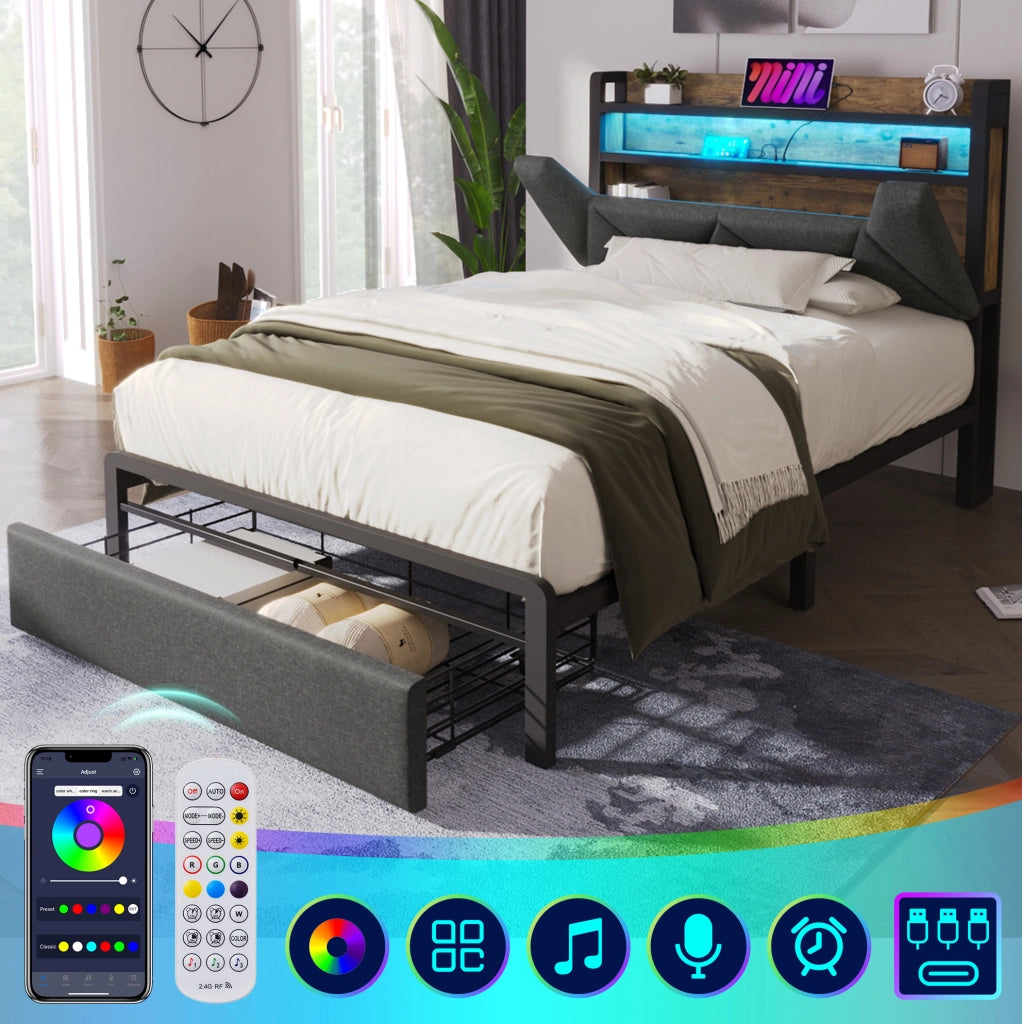 Letto singolo 90x200 grigio con LED, USB-C, cassetto e materasso