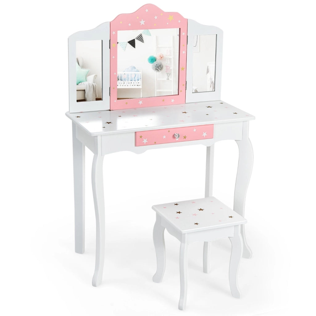 Set tavolo toeletta e sgabello per bambini con specchio tripartito, Set toeletta con stampe di stelle Bianco