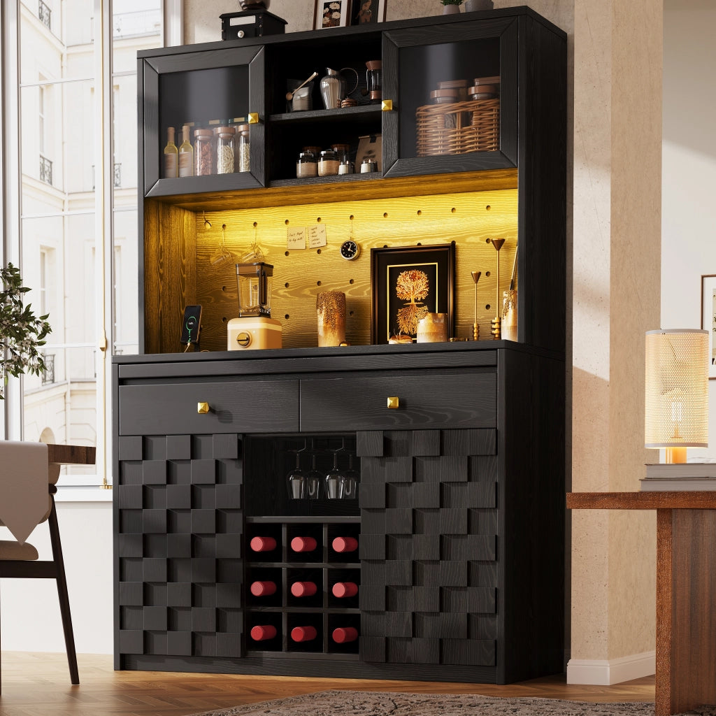 Colonna cucina LED con ripiani regolabili; portabottiglie; prese USB e pannello forato; nero; 120 × 40 × 178 cm