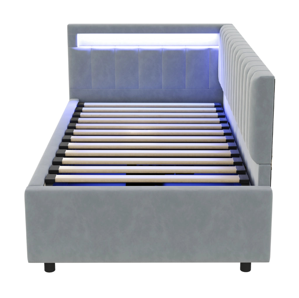 Divano letto imbottito 90x200 cm con LED; contenitore idraulico e velluto grigio