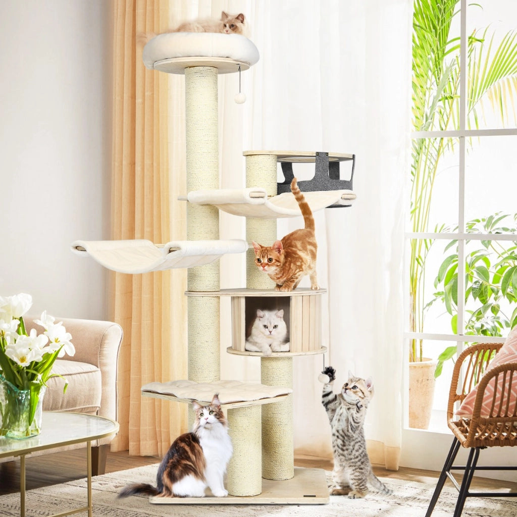 Albero per gatti alto 197cm con nicchia in legno amache e cestello sospeso, Torre per gatti a pi¨´ livelli Beige-Alberi Tiragraffi