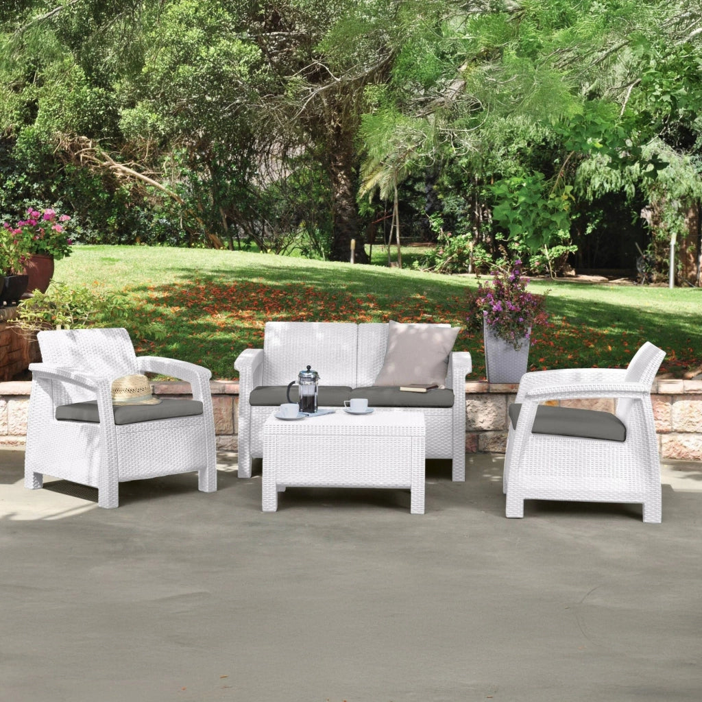 Set salotto da esterno Nelson, Salottino outdoor, Set da balcone o giardino, Composizione soggiorno per esterni, 128x70 h79 cm, Bianco