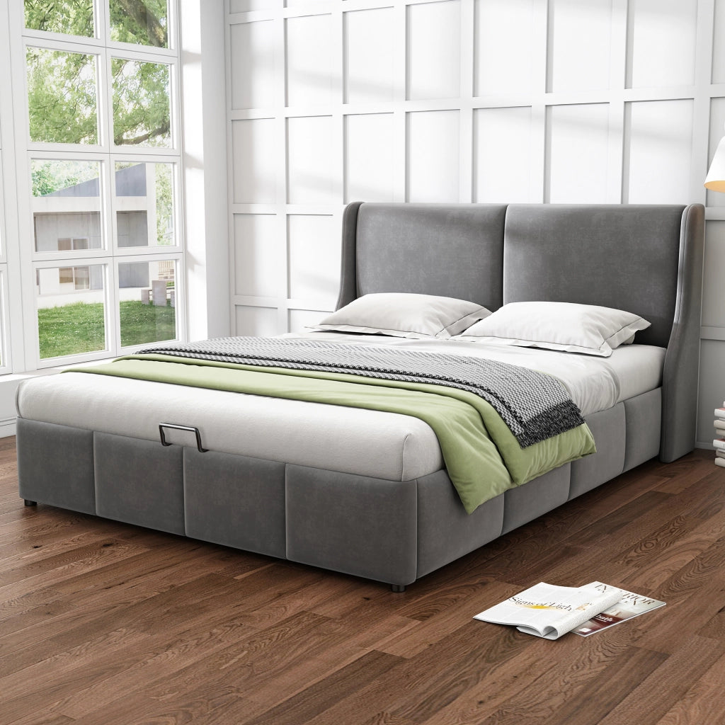 OKWISH Letto Contenitore 180×200 cm, Letto Matrimoniale con Rete, Testiera a Orecchie e Sollevamento Idraulico, senza Materasso, in Velluto, Grigio