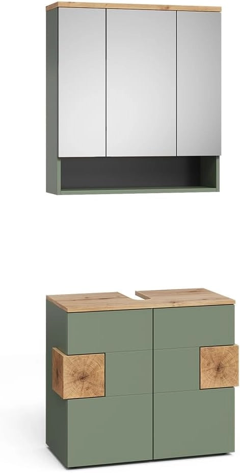 Set mobili bagno Eden, Verde, 73 cm, composto da specchio da bagno e mobile sottolavabo