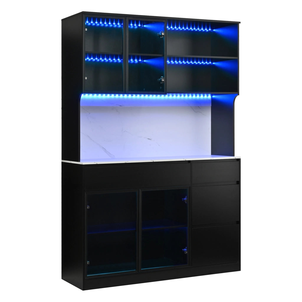 Credenza, mobile da sala da pranzo, finitura in marmo, MDF, ante in vetro, illuminazione a LED, nero e bianco