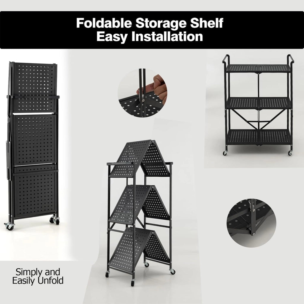 Carrello Cucina Pieghevole a 3 Ripiani, in Mettallo, Scaffale Cucina con Ruote, Scaffale per Microonde, Forno, Tostapane, Carrello di Servizio Salvaspazio, 73 x 33 x 94 cm, Nero