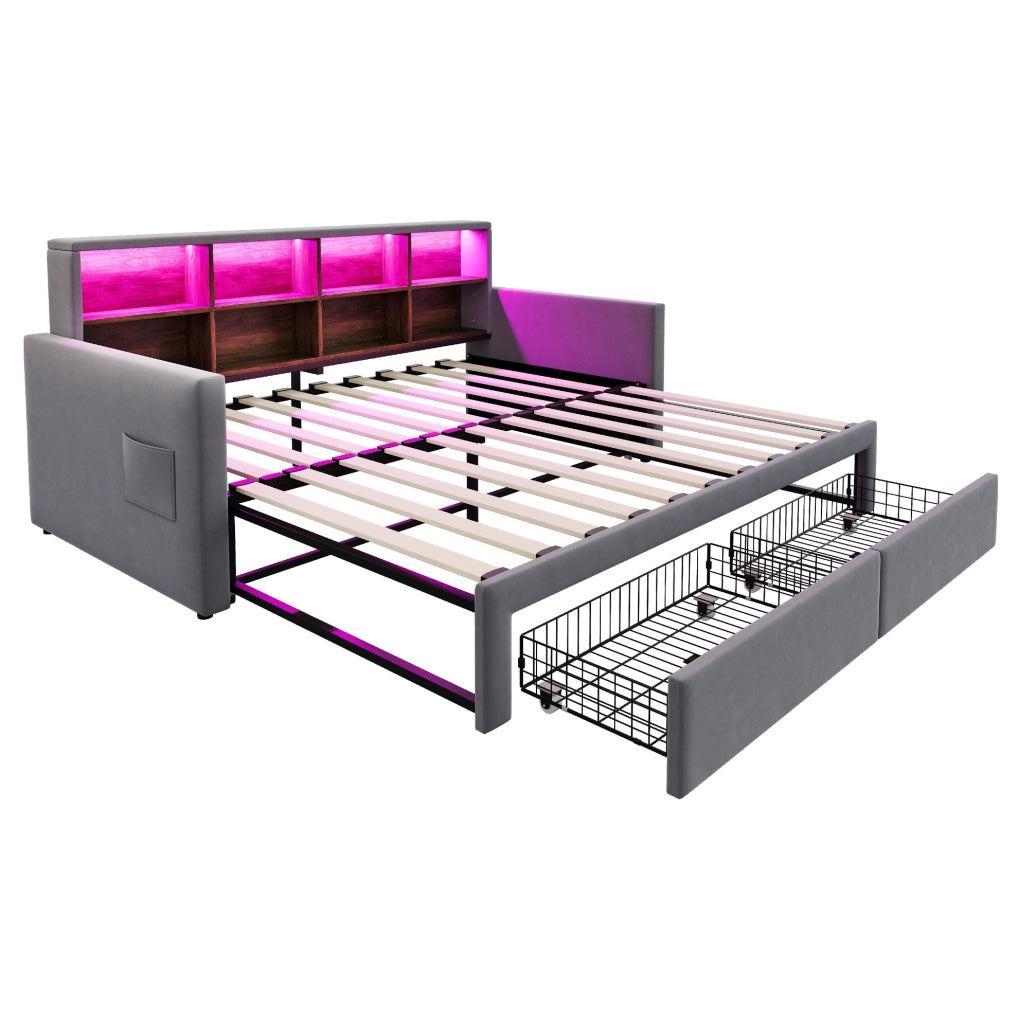 Letto imbottito estraibile 90x190 cm con LED, cassetti e USB-C in velluto grigio