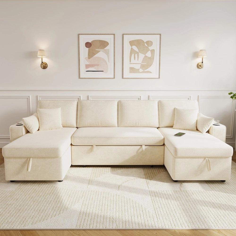 Divano Angolare U con Funzione Letto, Contenitore, Dormeuse e USB ¨C Xylo ¨C Beige