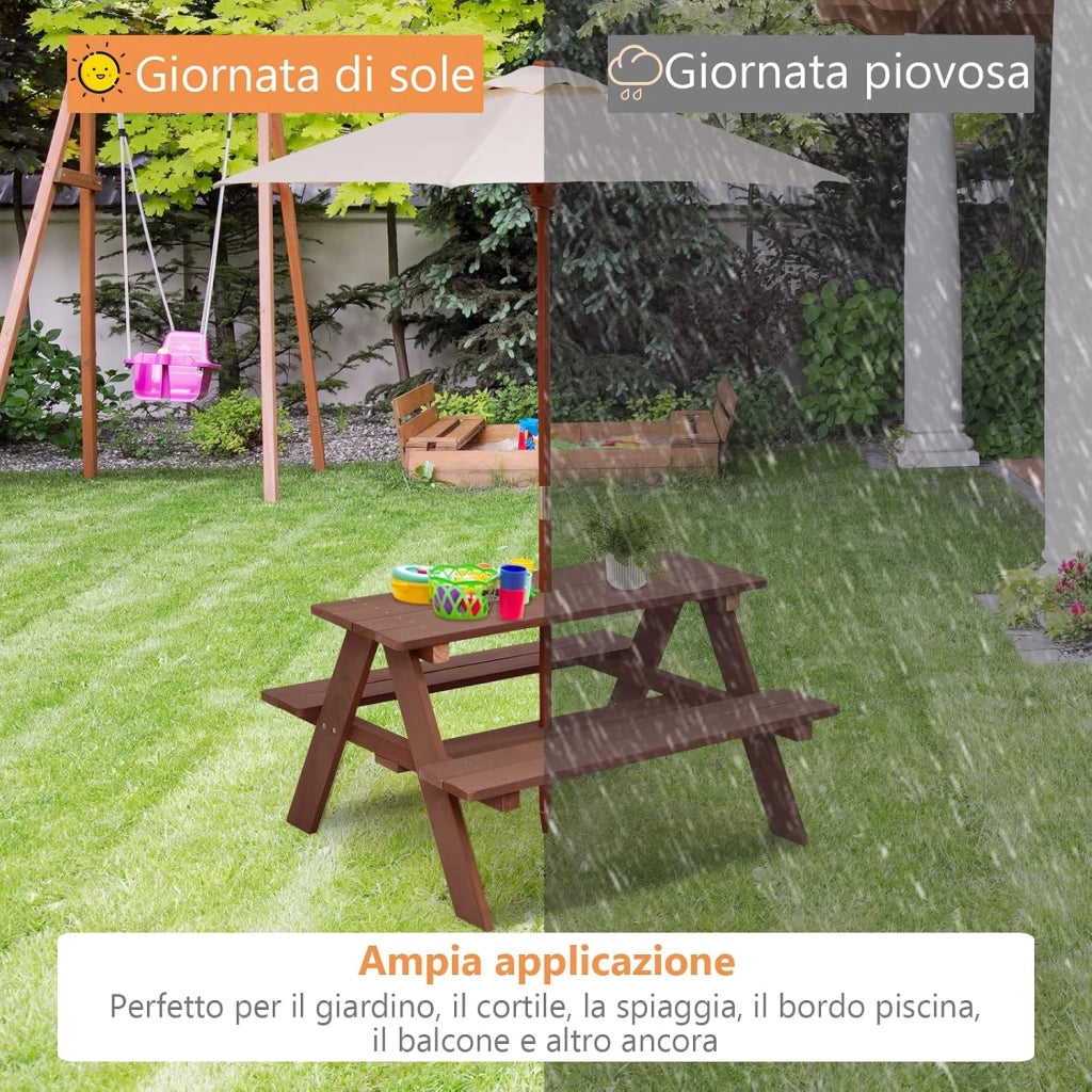 Tavolo da Picnic per Bambini con Parasole Pieghevole, Set di Tavolo e Panche per Giardino con Ombrellone Rimovibile, Panche in Legno, per Giardino, Cortile, Prato