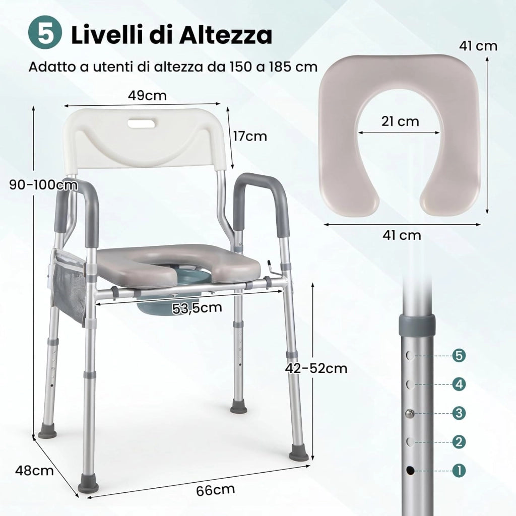 Ringhiera di Sicurezza per WC portata 136 kg, Barra Bagno in Alluminio con Altezza Regolabile 49-59 cm, Maniglie Antiscivolo e Schienale Rimovibile, Sedile WC per Anziani e Donne Incinte