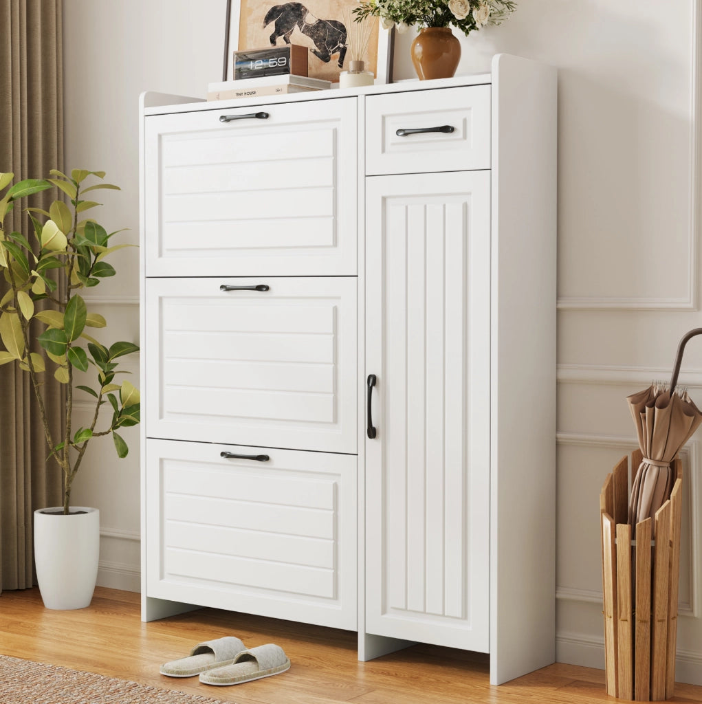 Mobile portascarpe bianco con 3 ribalte e cassetto 92x24x121 cm