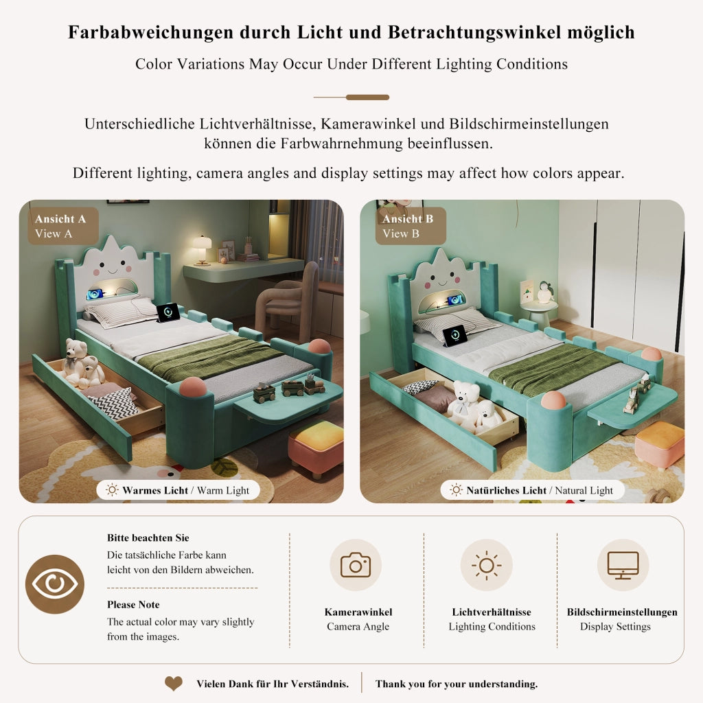 Letto per bambini 90 × 200 cm con lampada da lettura, USB, cassetto contenitore, senza materasso, blu e verde