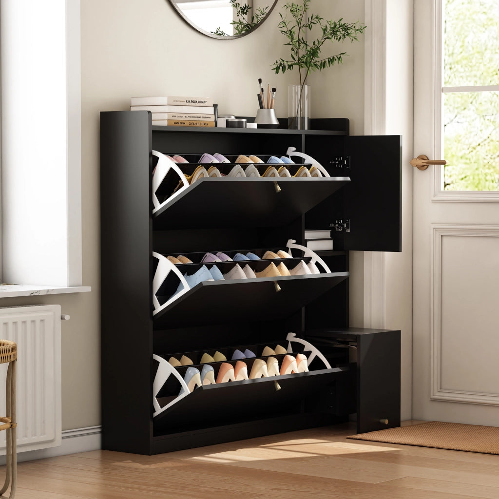 Scarpiera con 3 ante ribaltabili e cassetto - per ingresso - 119×24×122 cm - nero