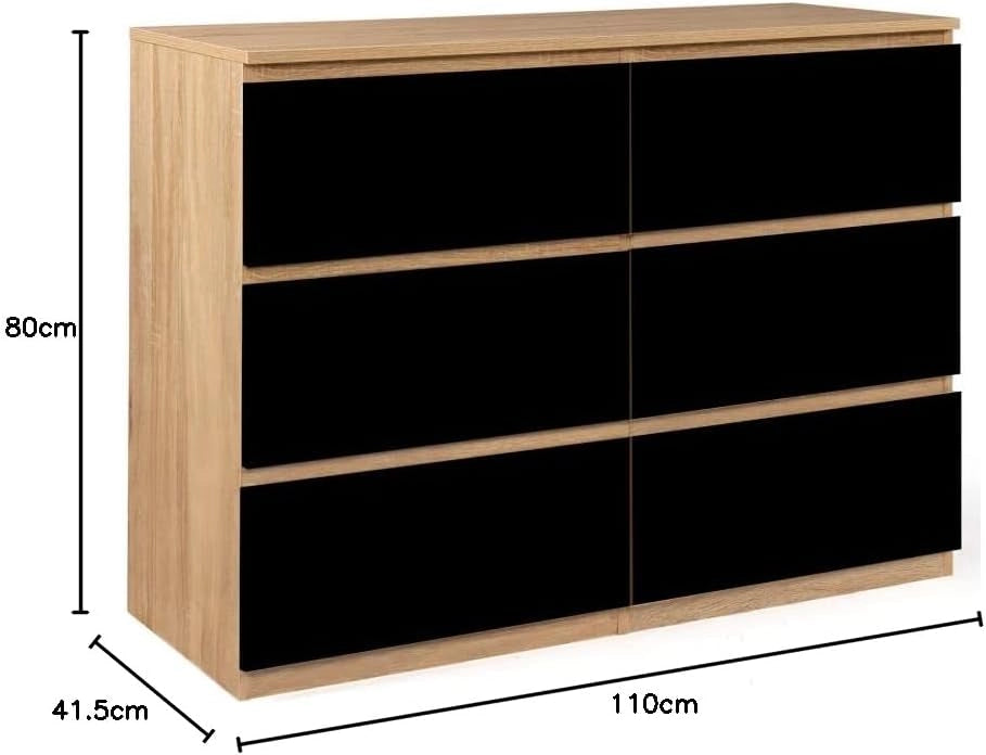 TOMI 110 cm cassettiera a 6 cassetti in legno effetto faggio e nero