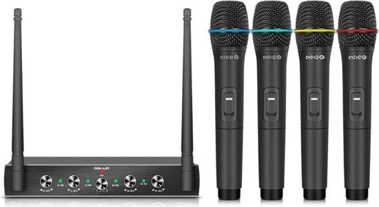 Sistema di Microfono UHF a 4 canali a trasmissione radio con caschi in cuffia wireless e microfoni a mano in metallo, ideale per karaoke e feste di chiesa con 4 microfoni a mano
